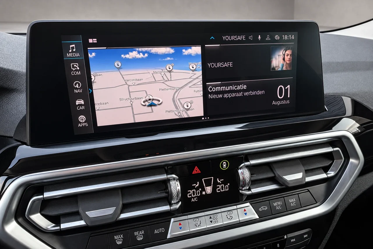 Close-up van het infotainmentscherm van een BMW, foto van Pol Automotive
